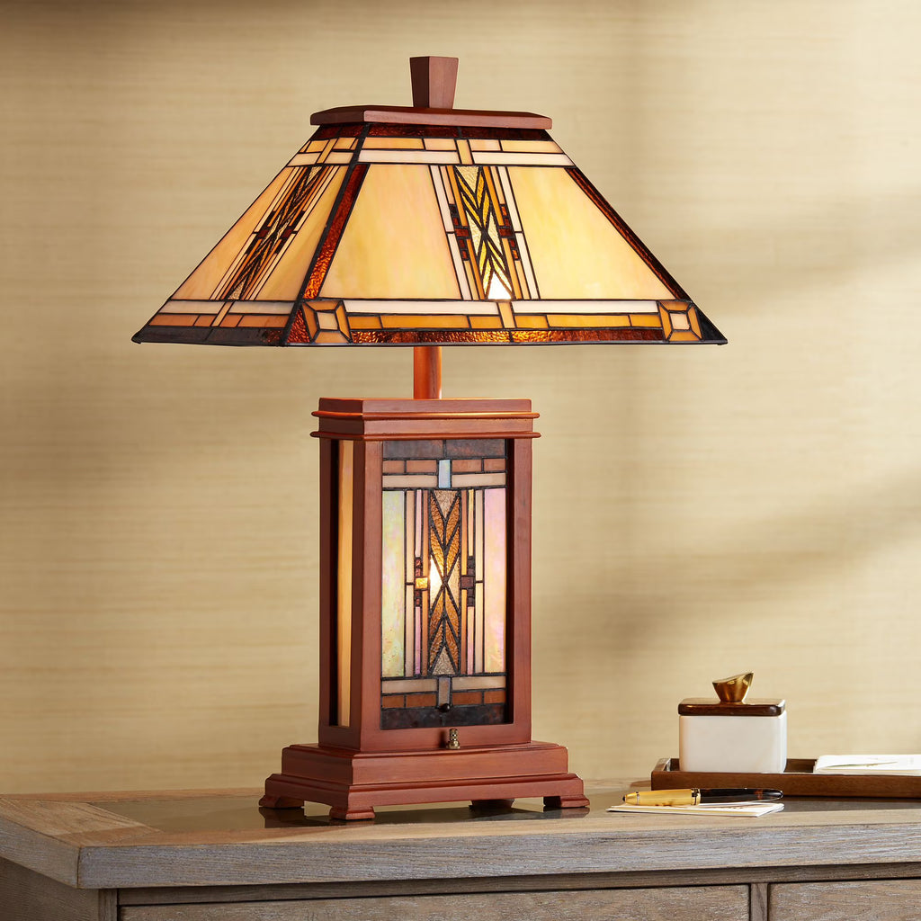 Walnut Mission Table Lamp 27" Tall Wood with Stained Art Glass Shade V954930