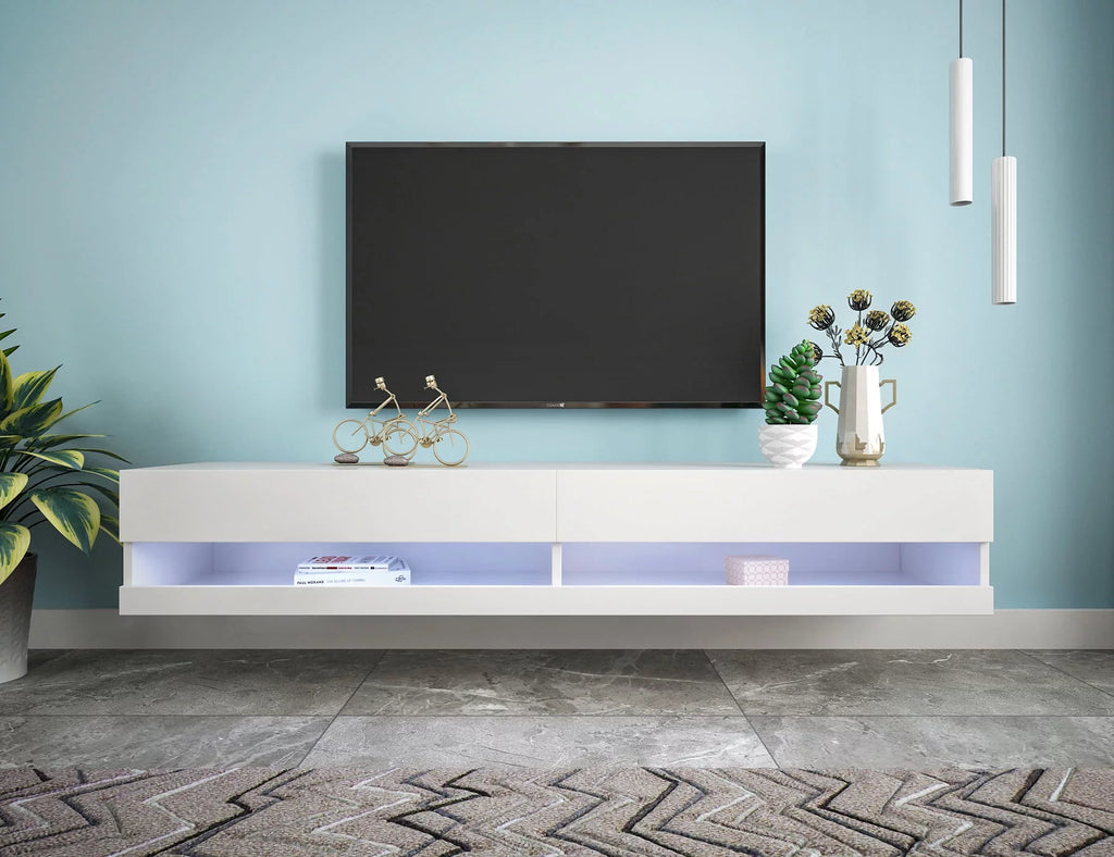 White Wall Mounted Floating TV Stand with 20 Color LEDs K985476