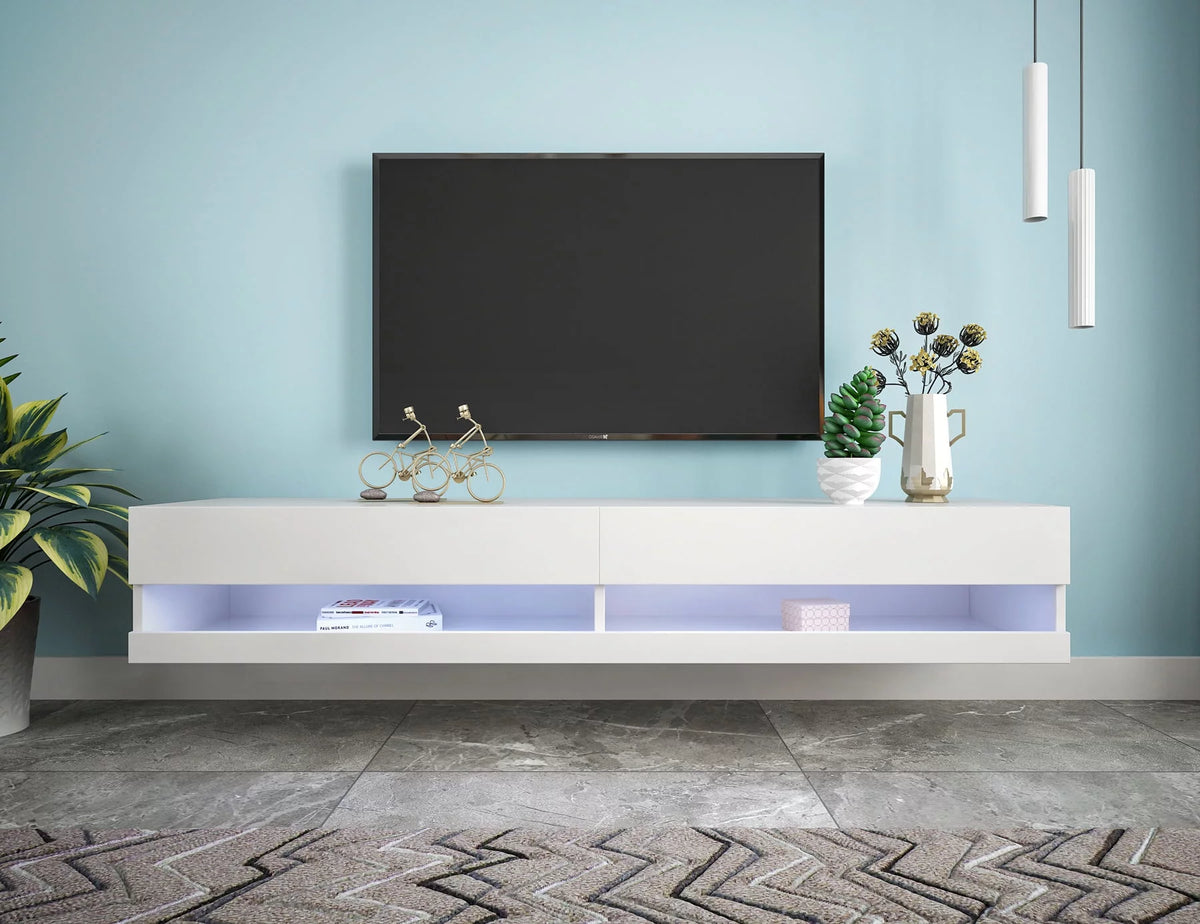 White Wall Mounted Floating TV Stand with 20 Color LEDs K985476