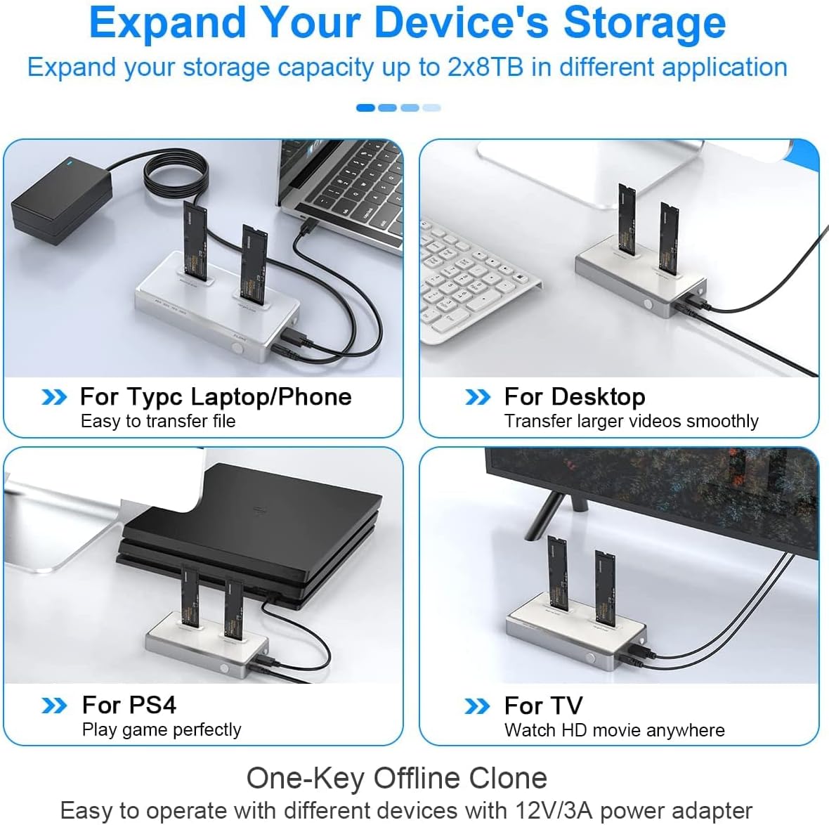 USB C Dual-Bay NVME Docking Station Tool-Free M.2 Duplicator External Hard Drive Enclosure F62724