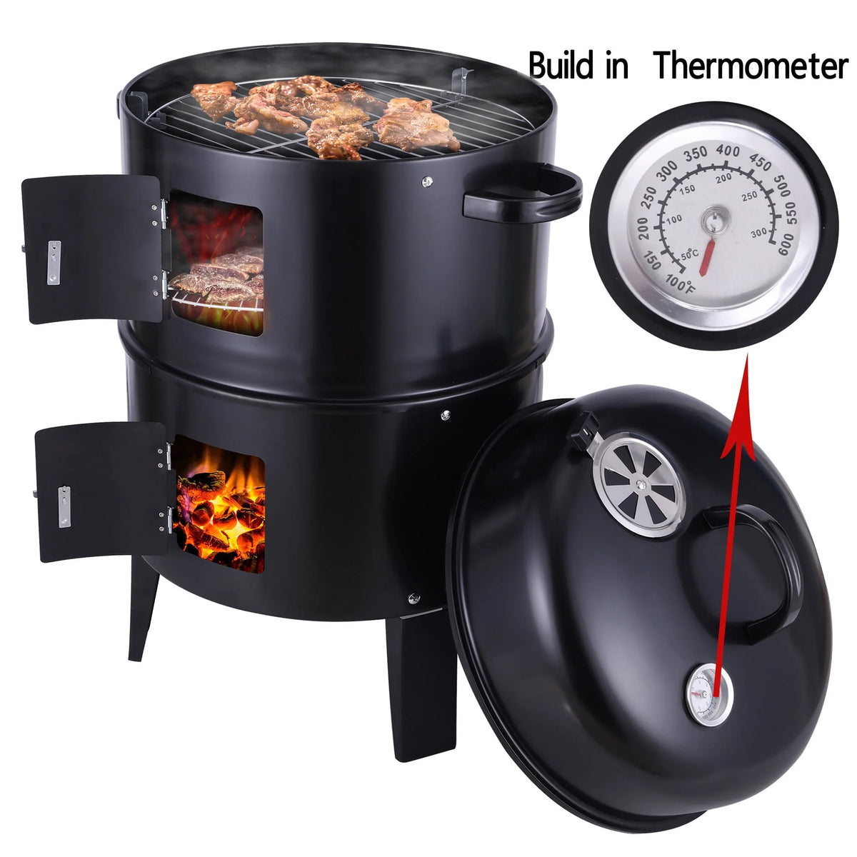 3-in-1 Steel Charcoal Smoker BBQ Grill with Thermometer C4541