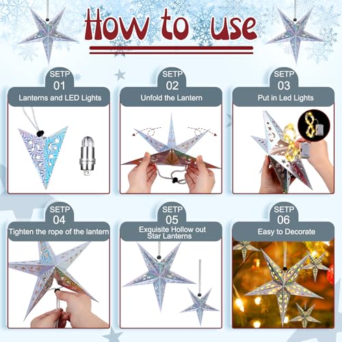 20 Set Christmas Paper Star Shape Lantern 2 Size 17.7 11.8 Hanging Ornaments with 20 LED Light White P449169
