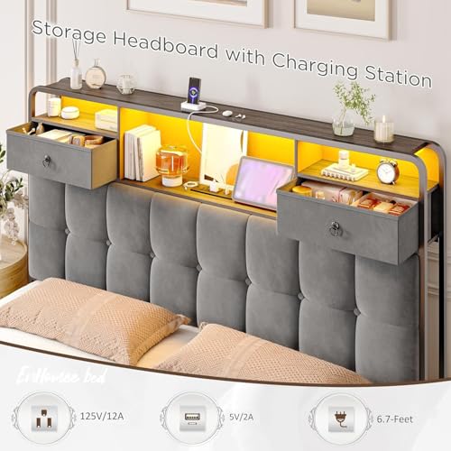 King Size Bed Frame with 4 Storage Drawers and LED Lights, Grey D862