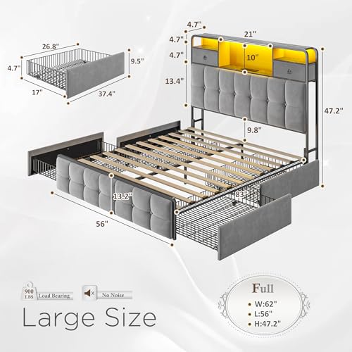 King Size Bed Frame with 4 Storage Drawers and LED Lights, Grey D862