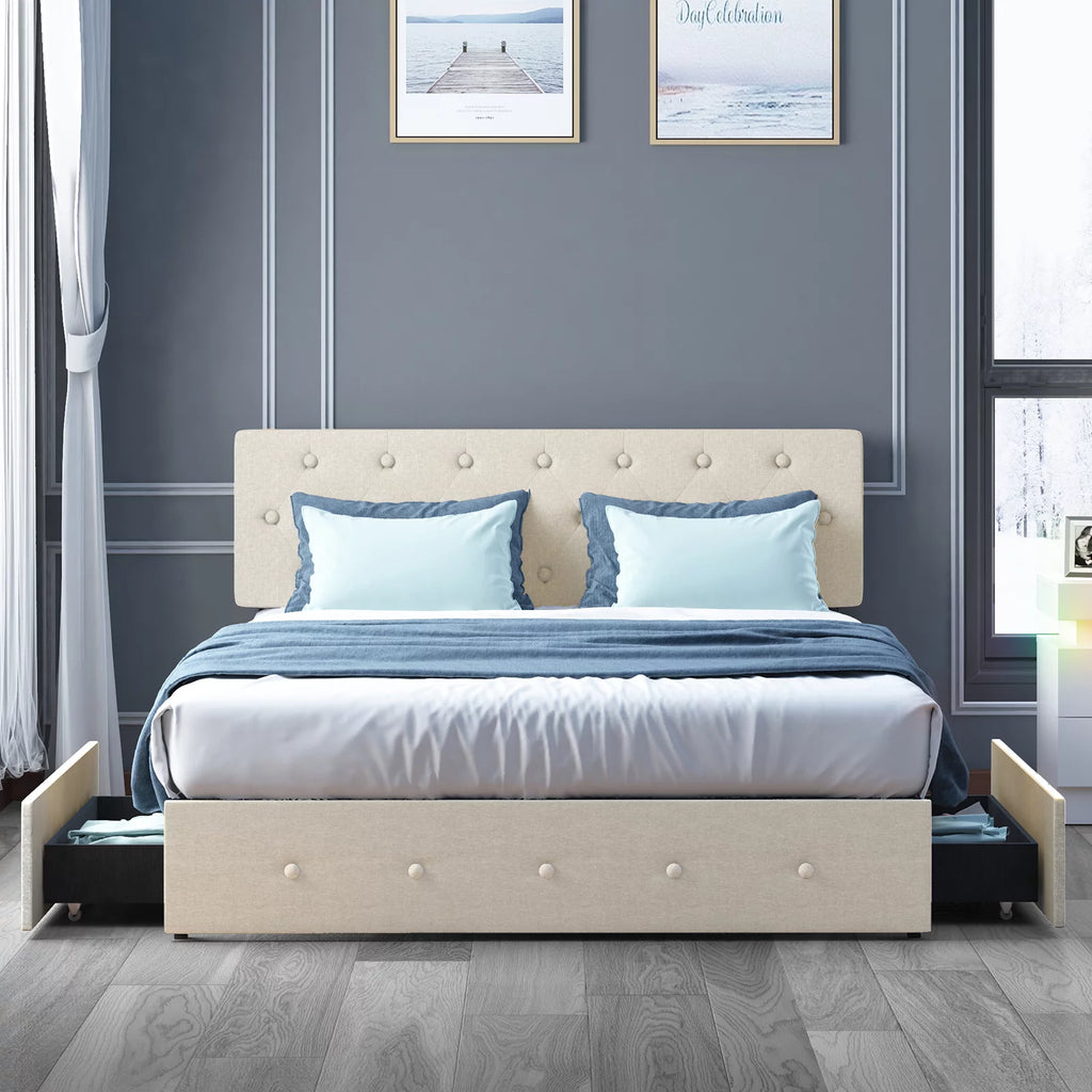 King Bed Frame with Tufted Headboard and 4 Drawers B93375
