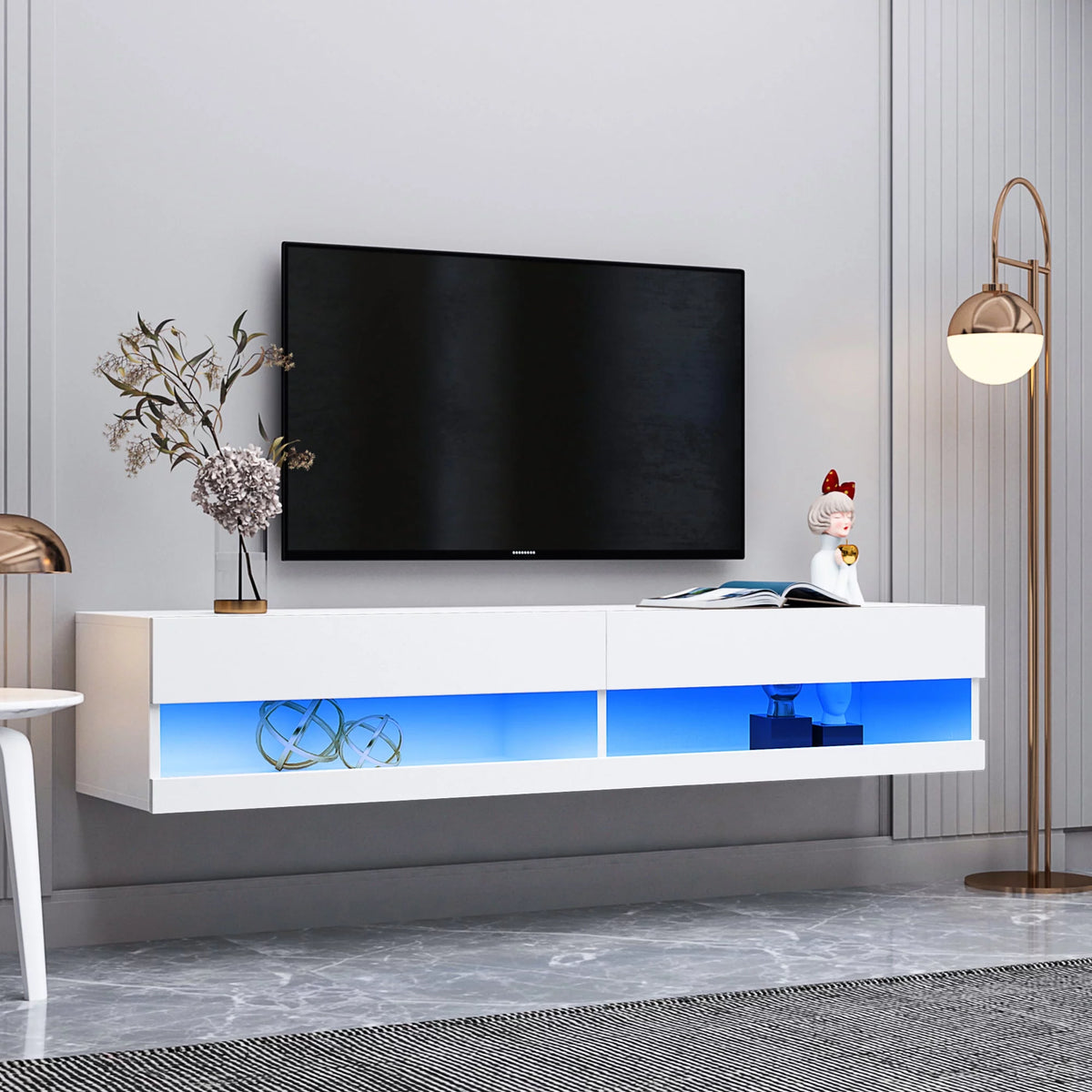 White Wall Mounted Floating TV Stand with 20 Color LEDs K985476