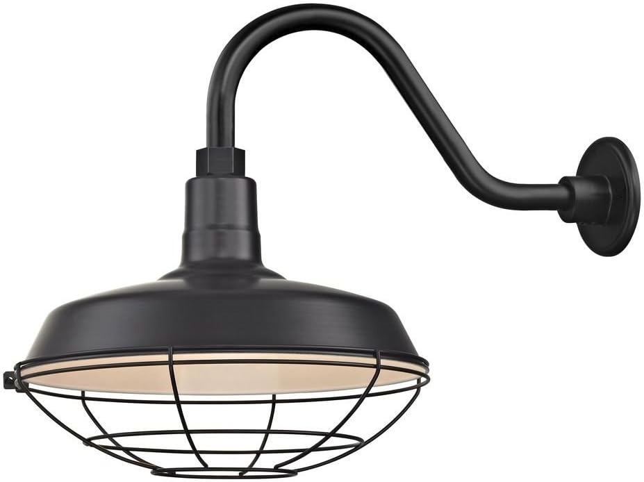 Black Gooseneck Outdoor Barn Light with Caged Shade A7221