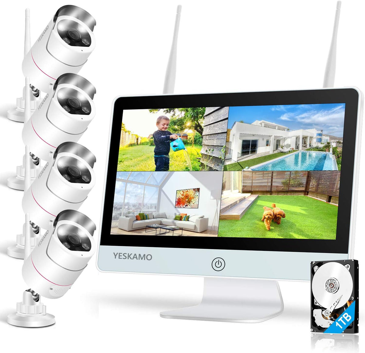 Wireless Security Camera System with 12'' Monitor 3MP WiFi IP Cameras 1TB Hard Drive N563
