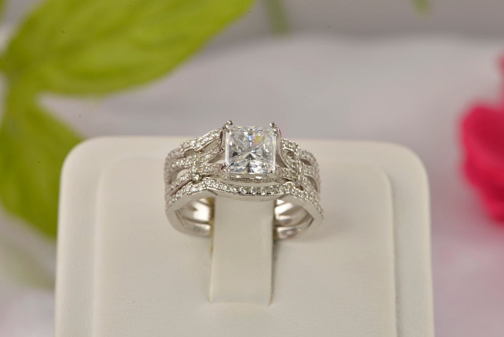 3pcs Princess Cut Diamond Simulated 925 Sterling Silver Bridal Set O3483