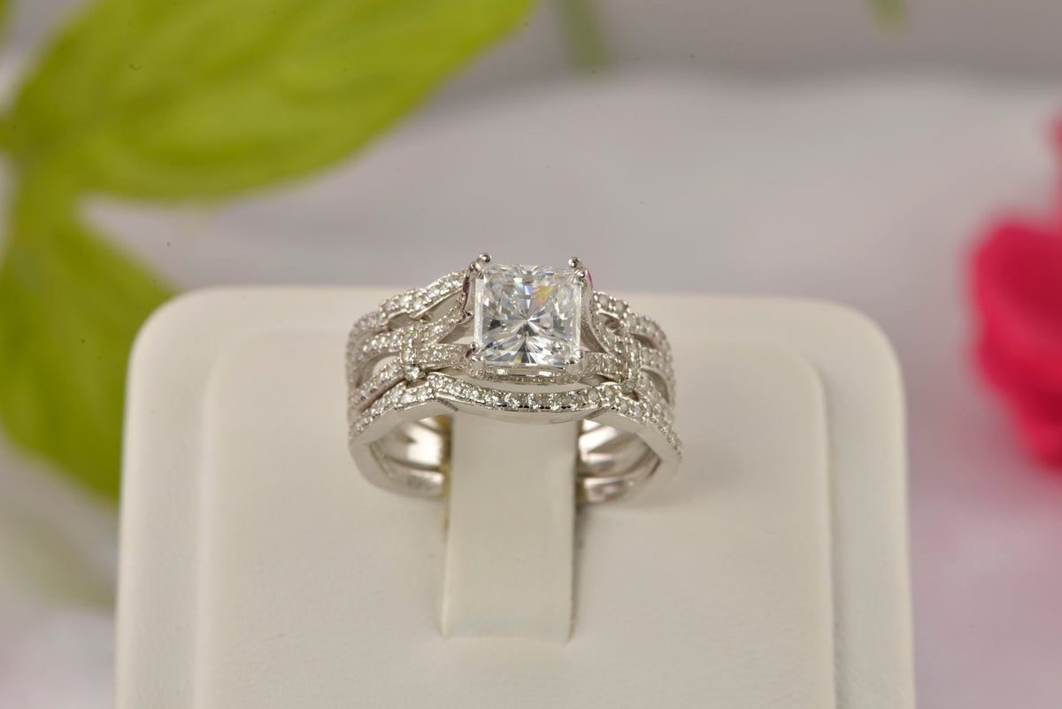 3pcs Princess Cut Diamond Simulated 925 Sterling Silver Bridal Set O3483