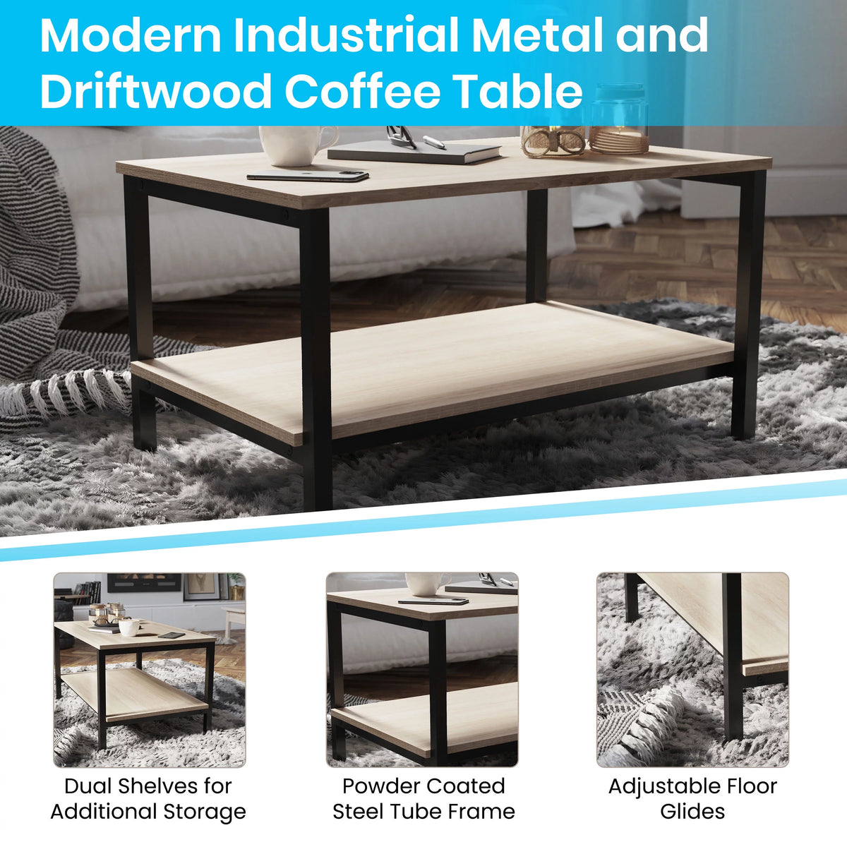 2 Shelf Metal and Driftwood Finish Coffee Table X58209