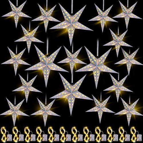 20 Set Christmas Paper Star Shape Lantern 2 Size 17.7 11.8 Hanging Ornaments with 20 LED Light White P449169