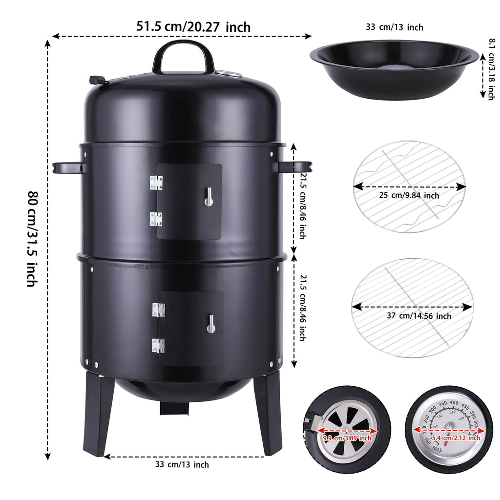 3-in-1 Steel Charcoal Smoker BBQ Grill with Thermometer C4541