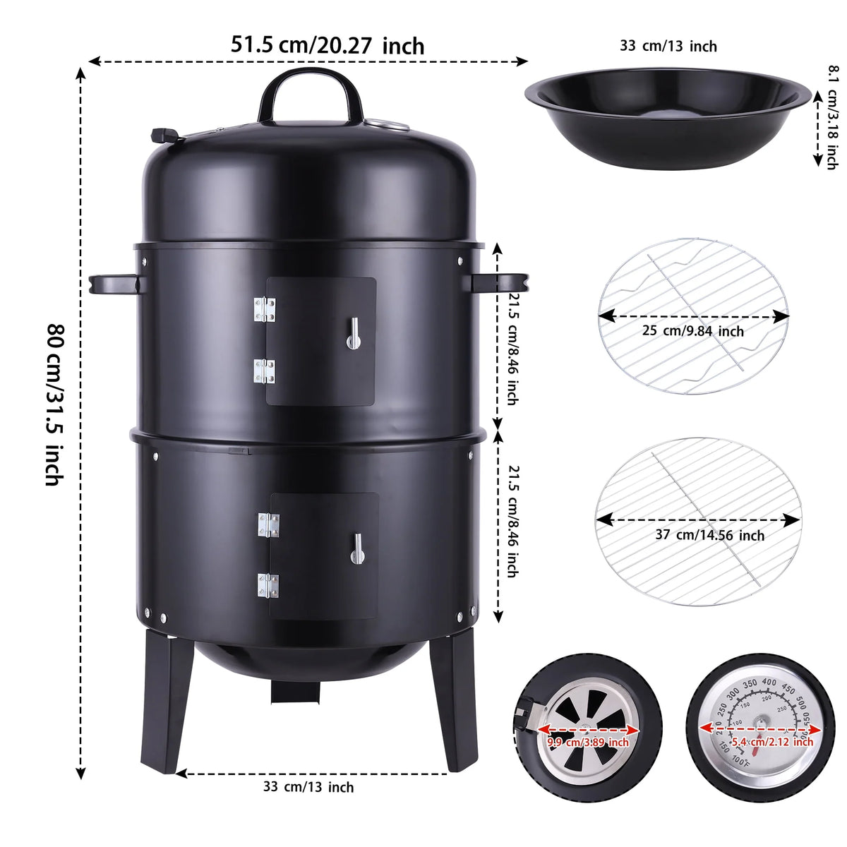 3-in-1 Steel Charcoal Smoker BBQ Grill with Thermometer C4541