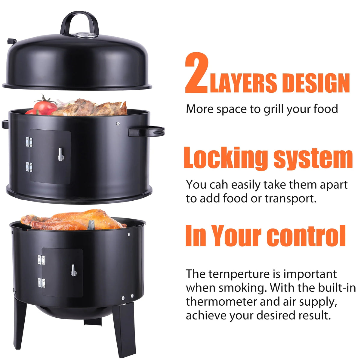3-in-1 Steel Charcoal Smoker BBQ Grill with Thermometer C4541