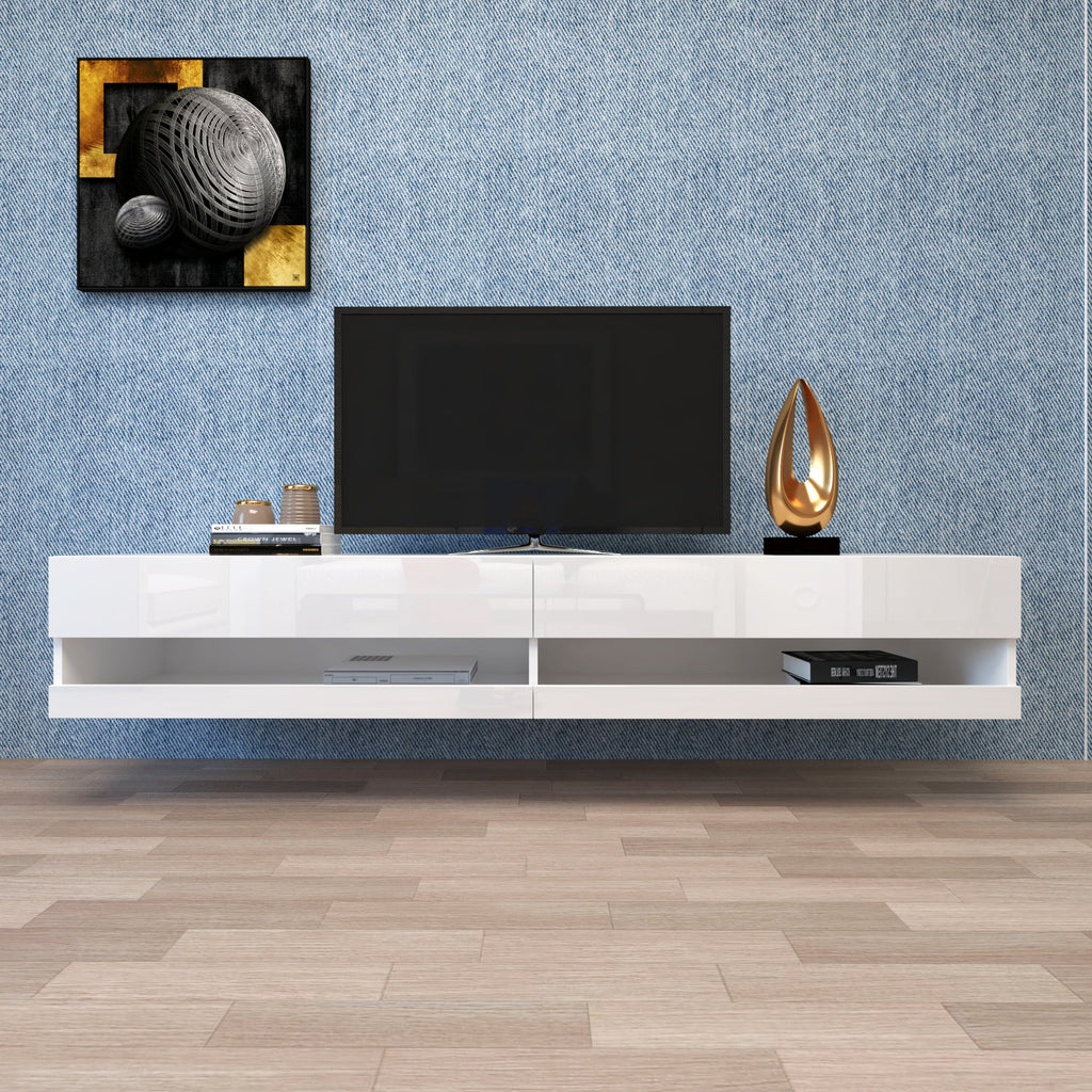 White Wall Mounted Floating TV Stand with 20 Color LEDs K985476