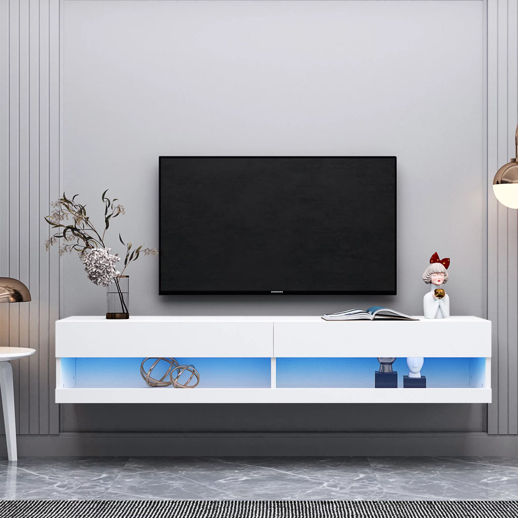 White Wall Mounted Floating TV Stand with 20 Color LEDs K985476