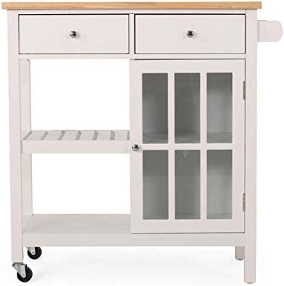 White and Natural Kitchen Cart with Wheels S38323