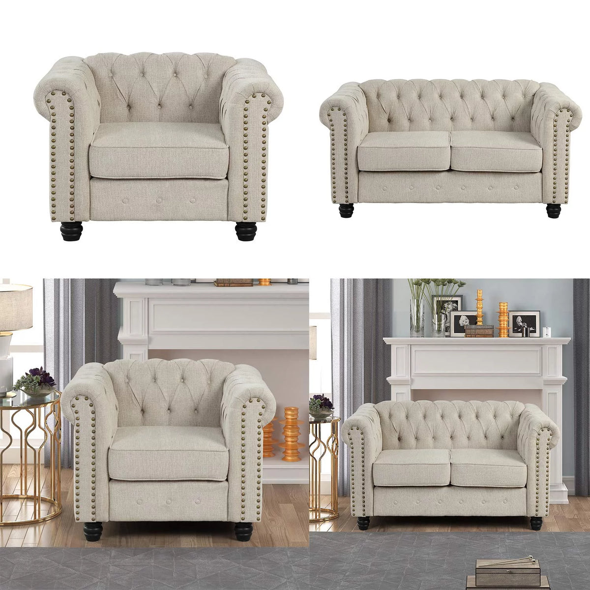 Beige 2 Pieces Button Tufted Fabric Sofa Set J877376