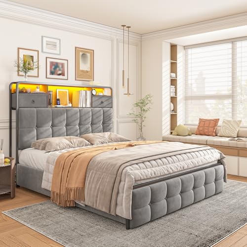 King Size Bed Frame with 4 Storage Drawers and LED Lights, Grey D862