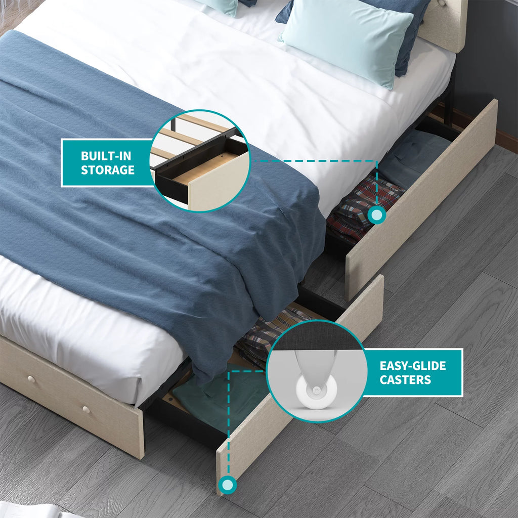 King Bed Frame with Tufted Headboard and 4 Drawers B93375