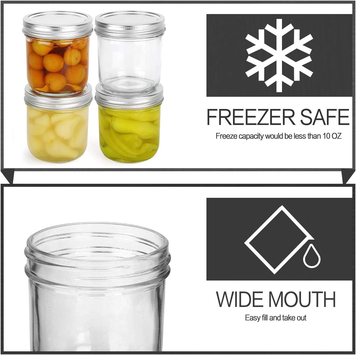 10 oz Wide Mouth Mason Jars with Lids and Bands, 6 Pack H7330