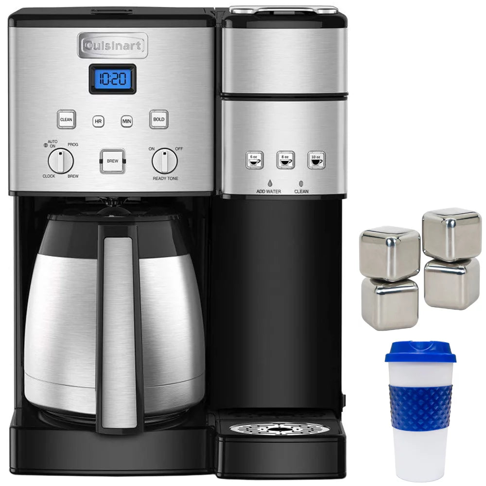 10-Cup Thermal Single-Serve Coffeemaker Silver Bundle with Stainless Steel Ice Cubes and 16-Ounce Travel Mug S7026