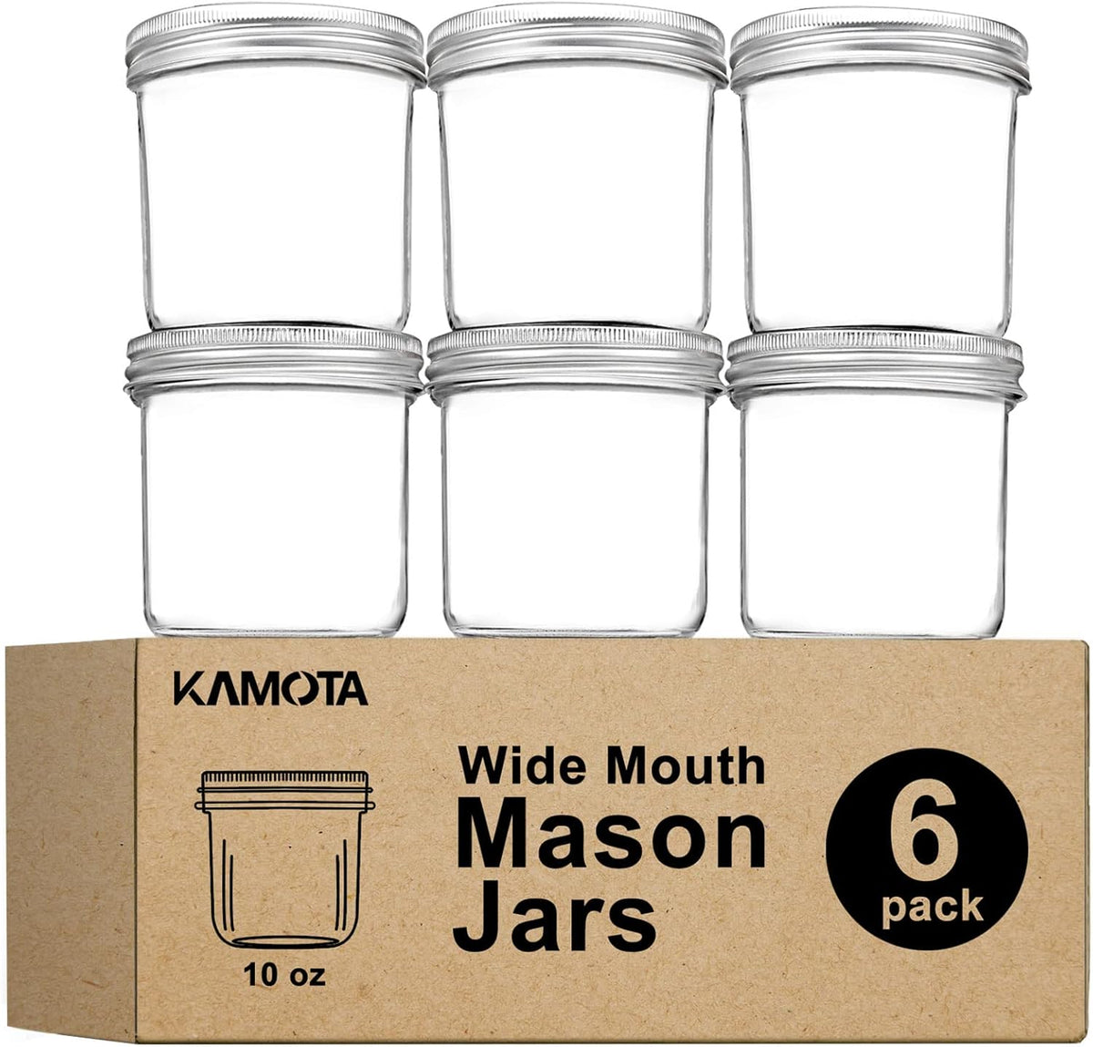10 oz Wide Mouth Mason Jars with Lids and Bands, 6 Pack H7330