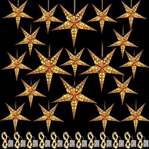 20 Set Christmas Paper Star Shape Lantern 2 Size 17.7 11.8 Hanging Ornaments with 20 LED Light White P449169