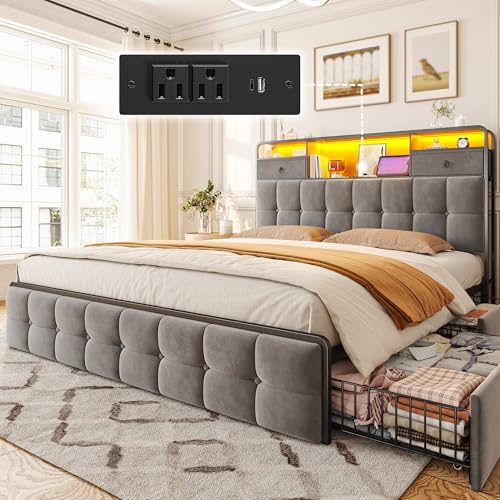 King Size Bed Frame with 4 Storage Drawers and LED Lights, Grey D862