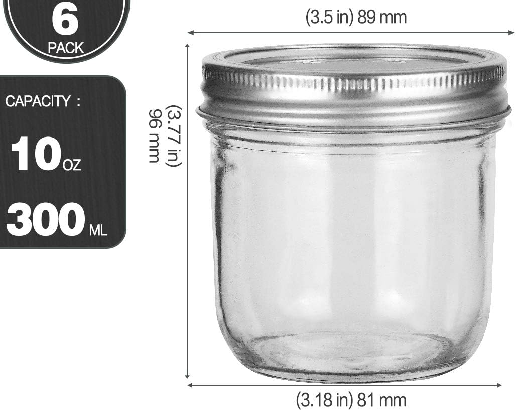 10 oz Wide Mouth Mason Jars with Lids and Bands, 6 Pack H7330