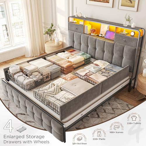 King Size Bed Frame with 4 Storage Drawers and LED Lights, Grey D862