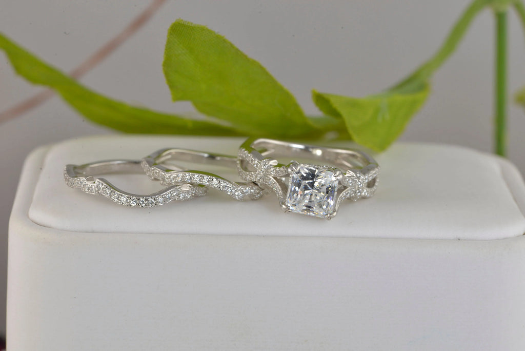 3pcs Princess Cut Diamond Simulated 925 Sterling Silver Bridal Set O3483
