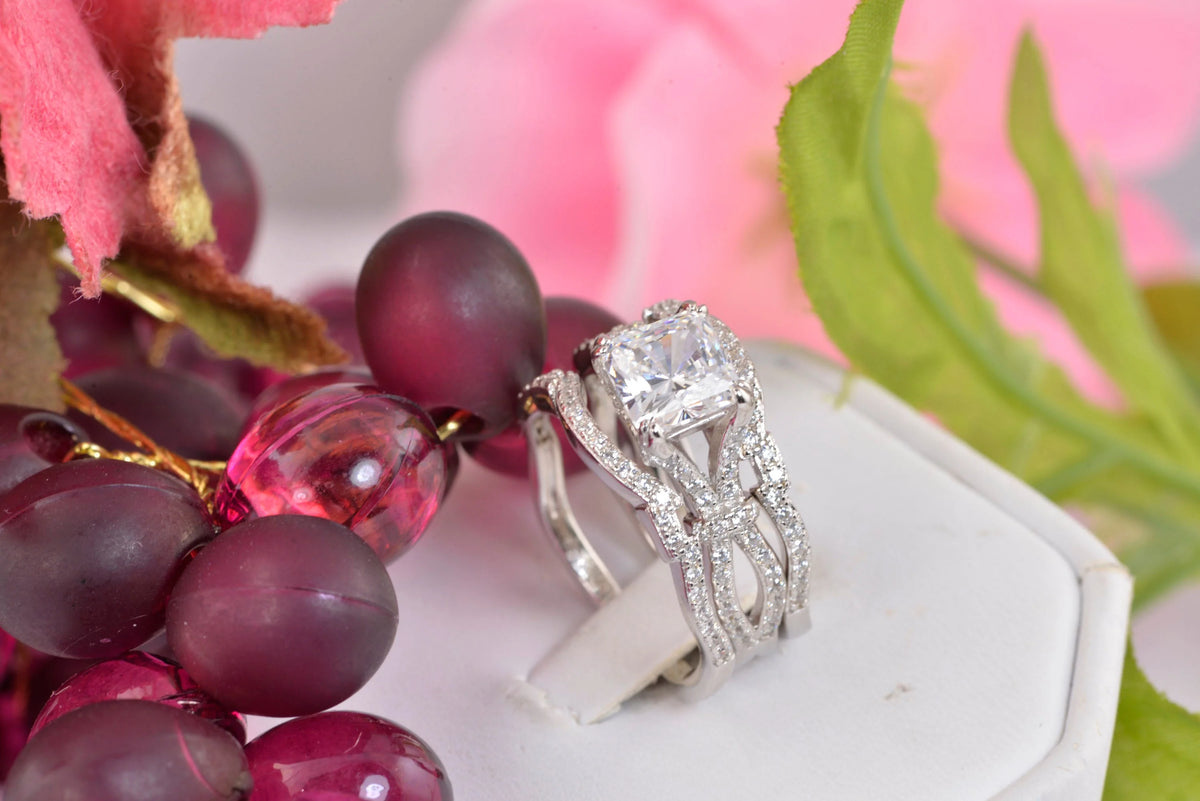 3pcs Princess Cut Diamond Simulated 925 Sterling Silver Bridal Set O3483