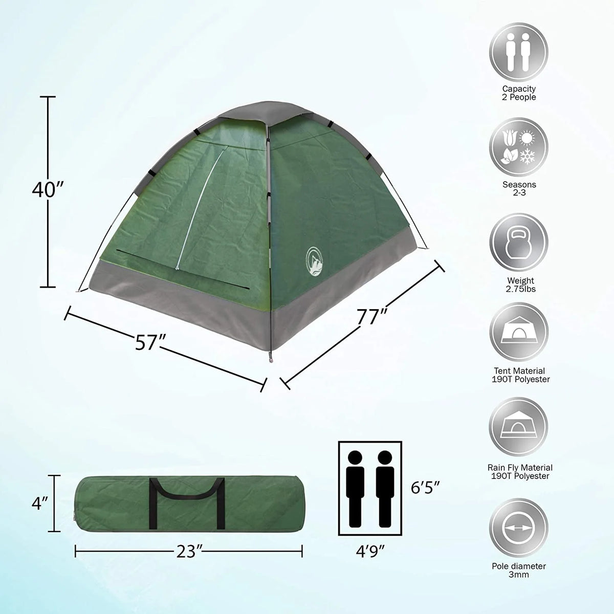 2 Person Lightweight Dome Tent with Rain Fly & Carrying Bag T8876