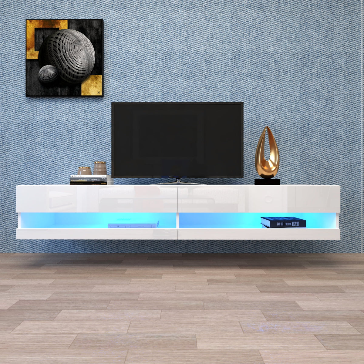 White Wall Mounted Floating TV Stand with 20 Color LEDs K985476
