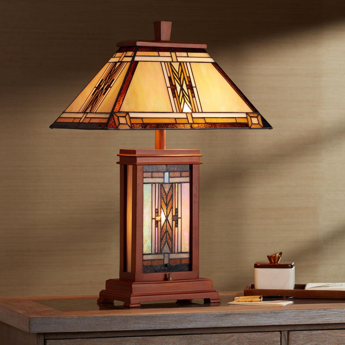 Walnut Mission Table Lamp 27" Tall Wood with Stained Art Glass Shade V954930