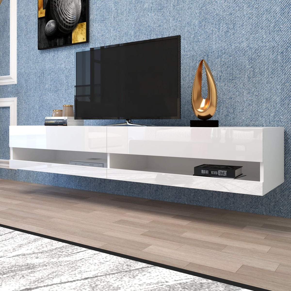 White Wall Mounted Floating TV Stand with 20 Color LEDs K985476