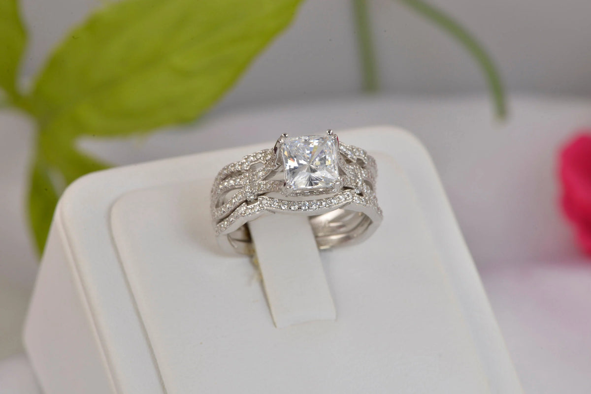 3pcs Princess Cut Diamond Simulated 925 Sterling Silver Bridal Set O3483