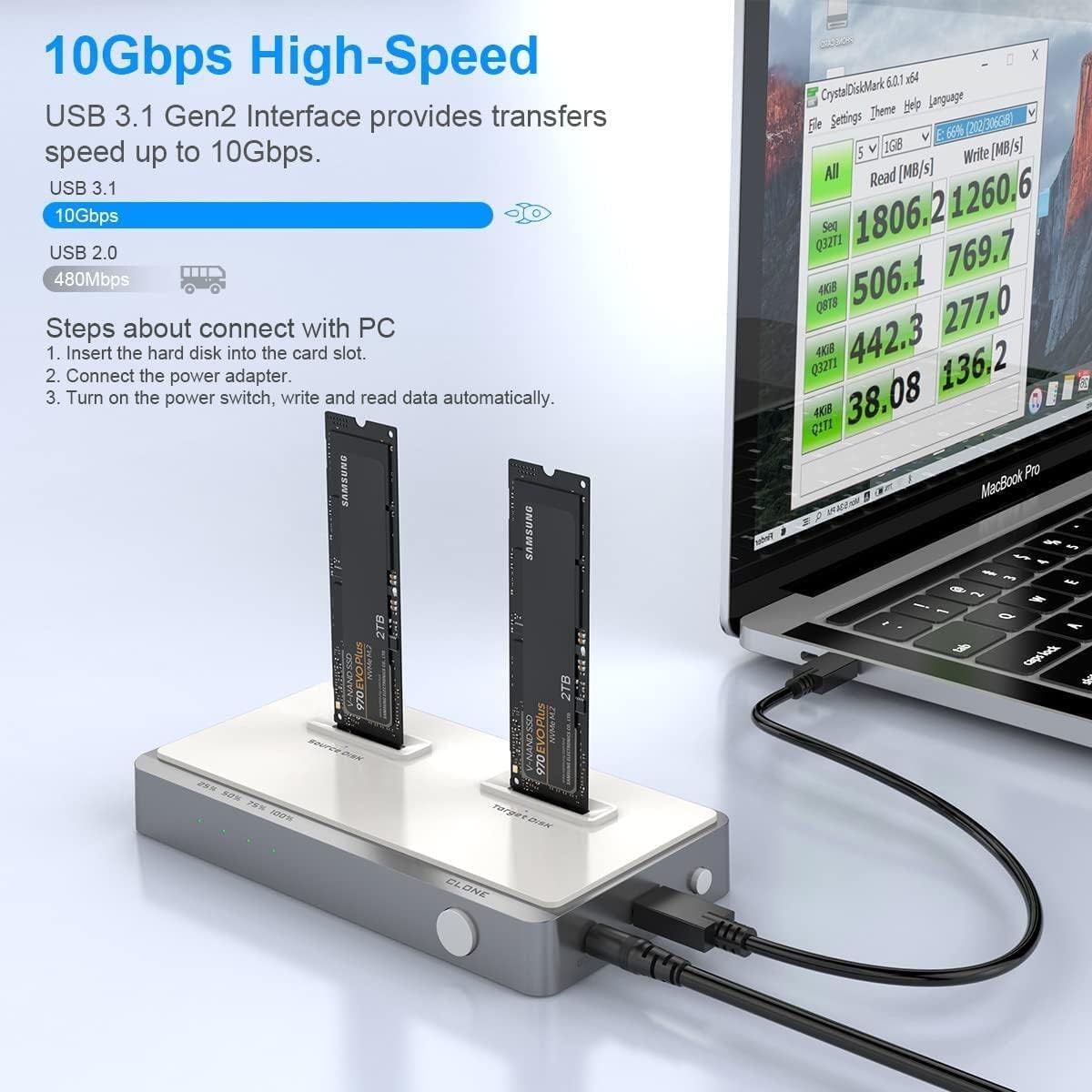 USB C Dual-Bay NVME Docking Station Tool-Free M.2 Duplicator External Hard Drive Enclosure F62724