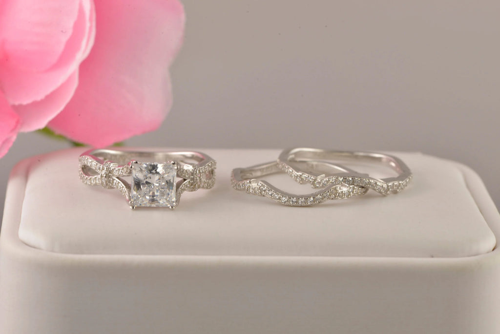 3pcs Princess Cut Diamond Simulated 925 Sterling Silver Bridal Set O3483